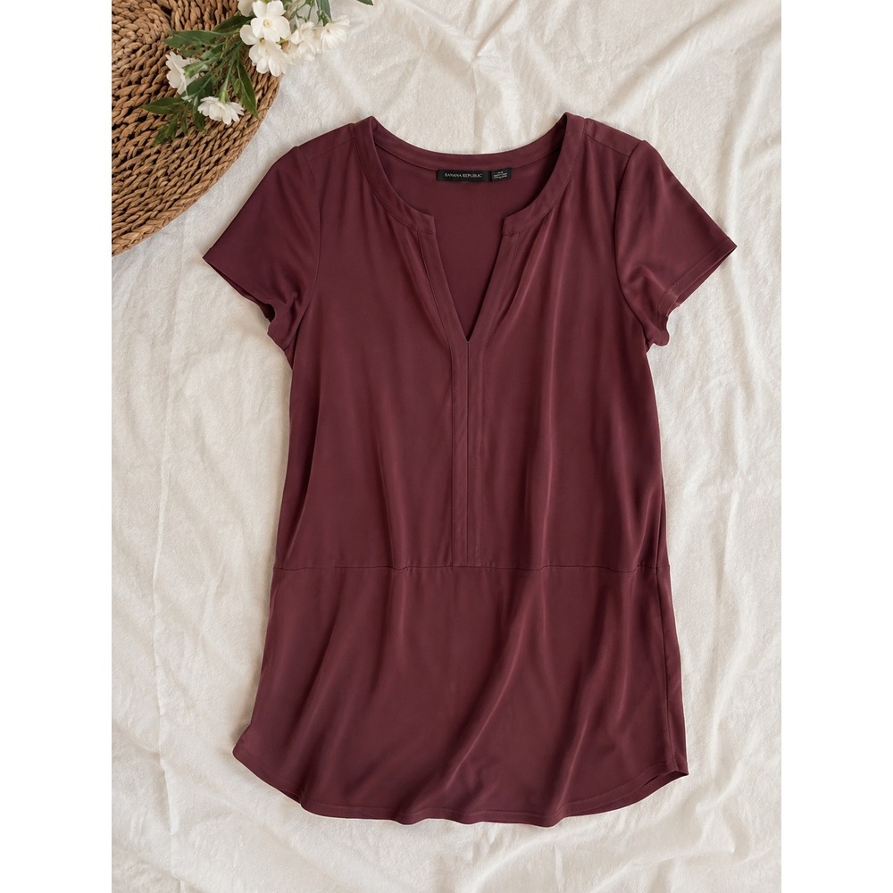 Tahari Womens XS Burgundy Split Neck Drop Waist Short Sleeve Tunic Top